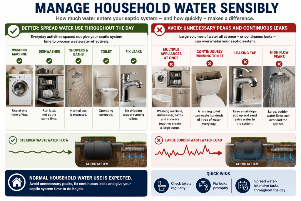 The Complete Guide to Septic Tank Maintenance 10 Infographic showing how spreading household water use throughout the day, fixing leaks and avoiding sudden high water loads can help a septic system operate effectively.