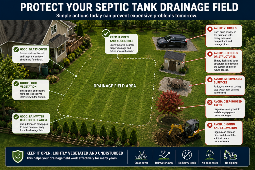 The Complete Guide to Septic Tank Maintenance 8 Aerial view showing how to protect a septic tank drainage field by keeping it free from vehicles, buildings, paving, deep-rooted trees and excavation.