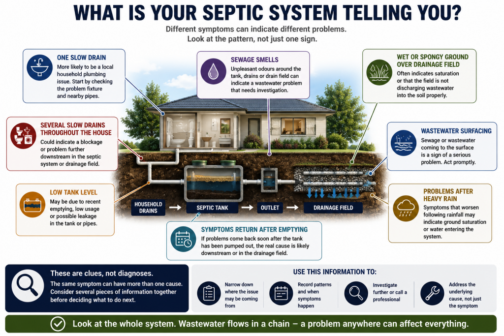 The Complete Guide to Septic Tank Maintenance 12 Septic system troubleshooting diagram showing how slow drains, sewage smells, abnormal tank levels, wet drainage fields and problems after heavy rain can indicate different issues.