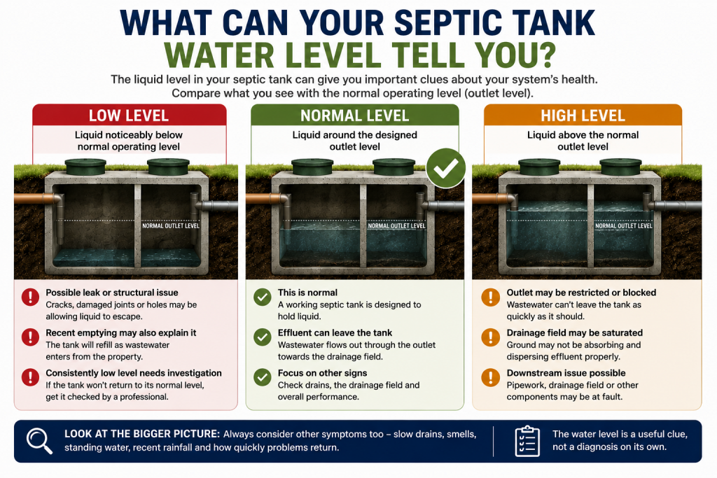 The Complete Guide to Septic Tank Maintenance 4 Comparison of low, normal and high septic tank water levels, showing how unusual liquid levels can indicate leaks, outlet restrictions or drainage field problems.