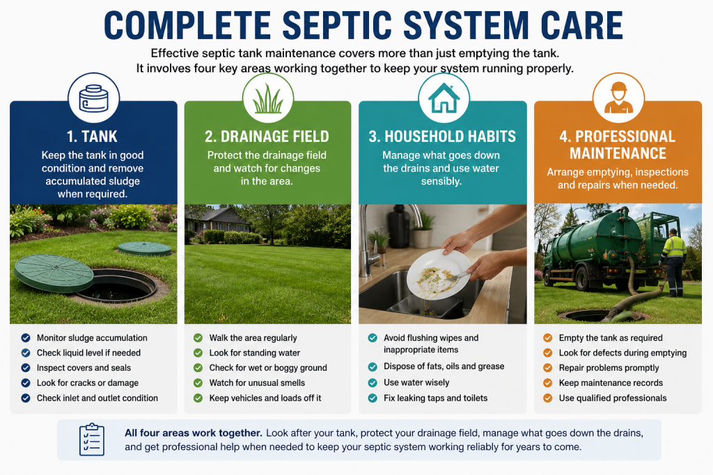 The Complete Guide to Septic Tank Maintenance 1 Infographic showing the four main areas of complete septic system care, including monitoring the septic tank, protecting the drainage field, controlling what enters household drains and arranging professional emptying, inspections and repairs.