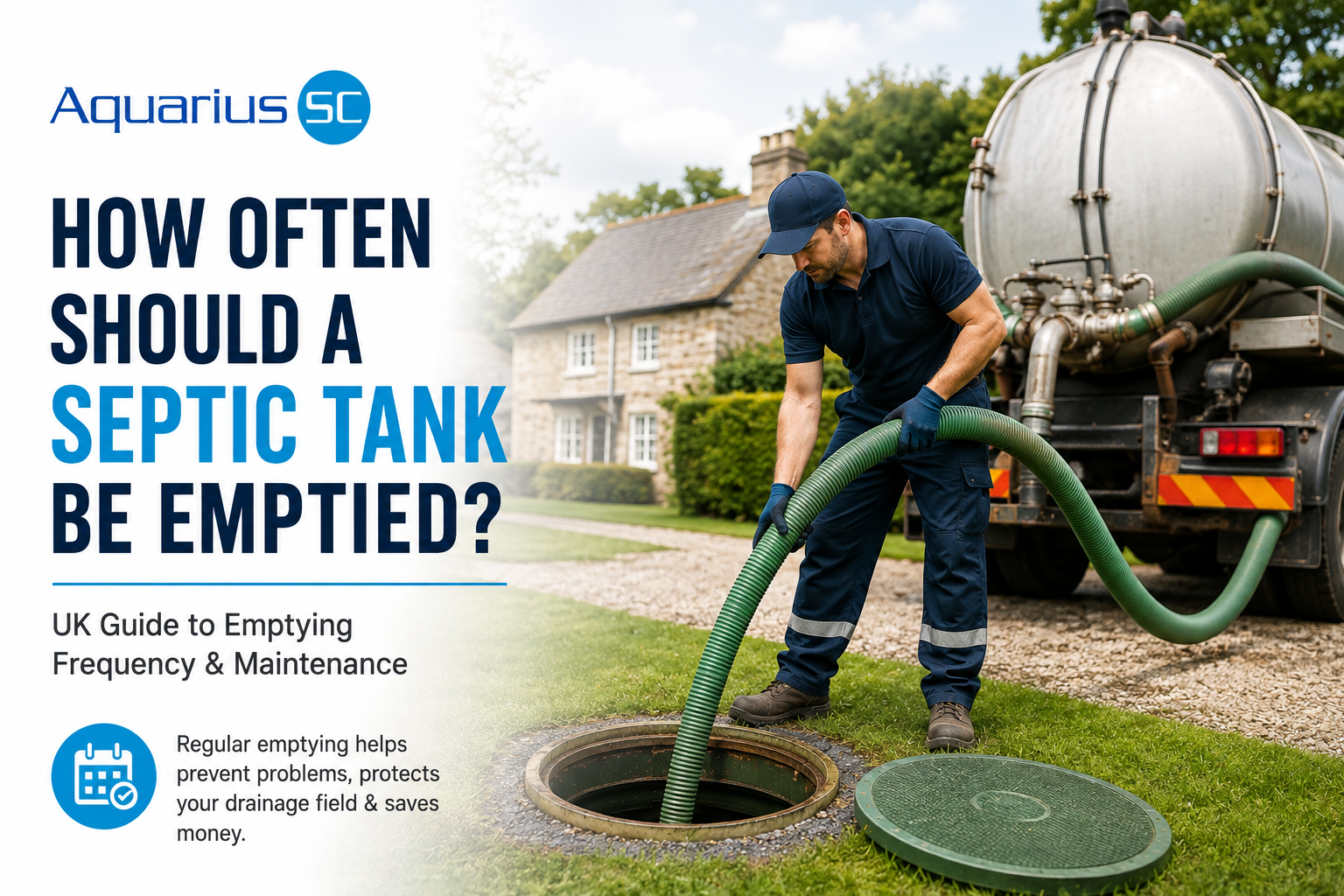 Septic tank being emptied by a professional tanker service at a UK home as part of routine maintenance.