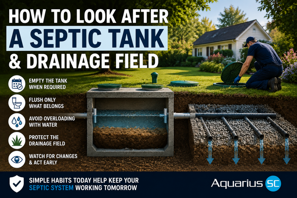 Well-maintained garden and drainage field showing how to look after a septic tank through sensible water use, regular emptying and protecting the drainage area.