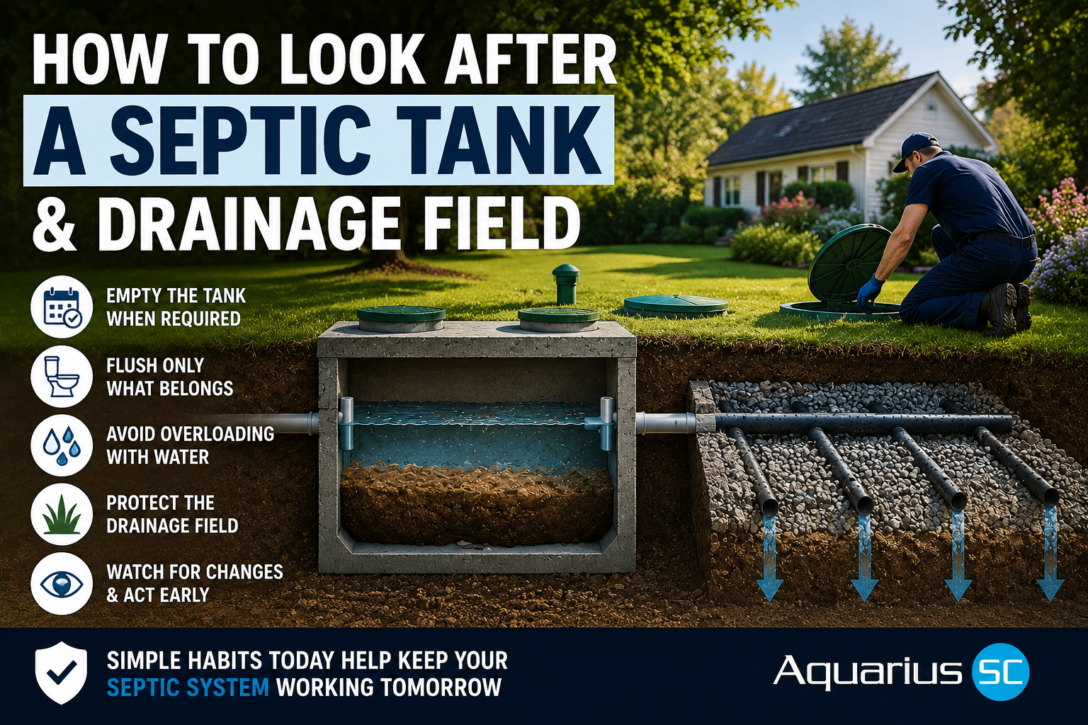 Well-maintained garden and drainage field showing how to look after a septic tank through sensible water use, regular emptying and protecting the drainage area.