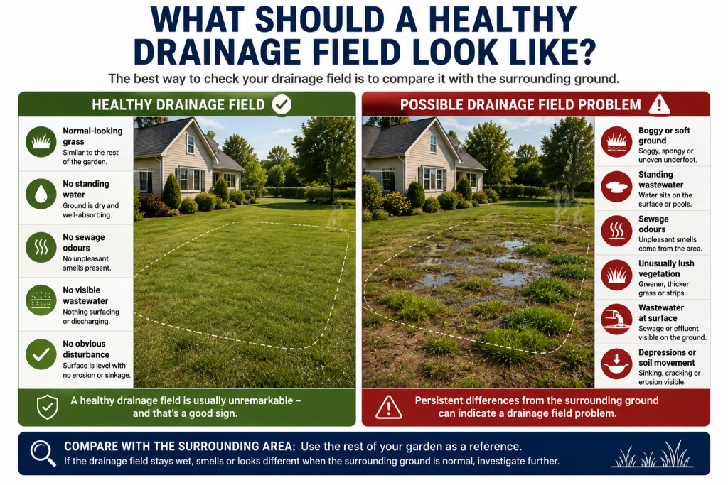 The Complete Guide to Septic Tank Maintenance 7 Comparison of a healthy septic drainage field with a problematic drainage field showing boggy ground, standing wastewater, sewage odours and unusually lush vegetation.
