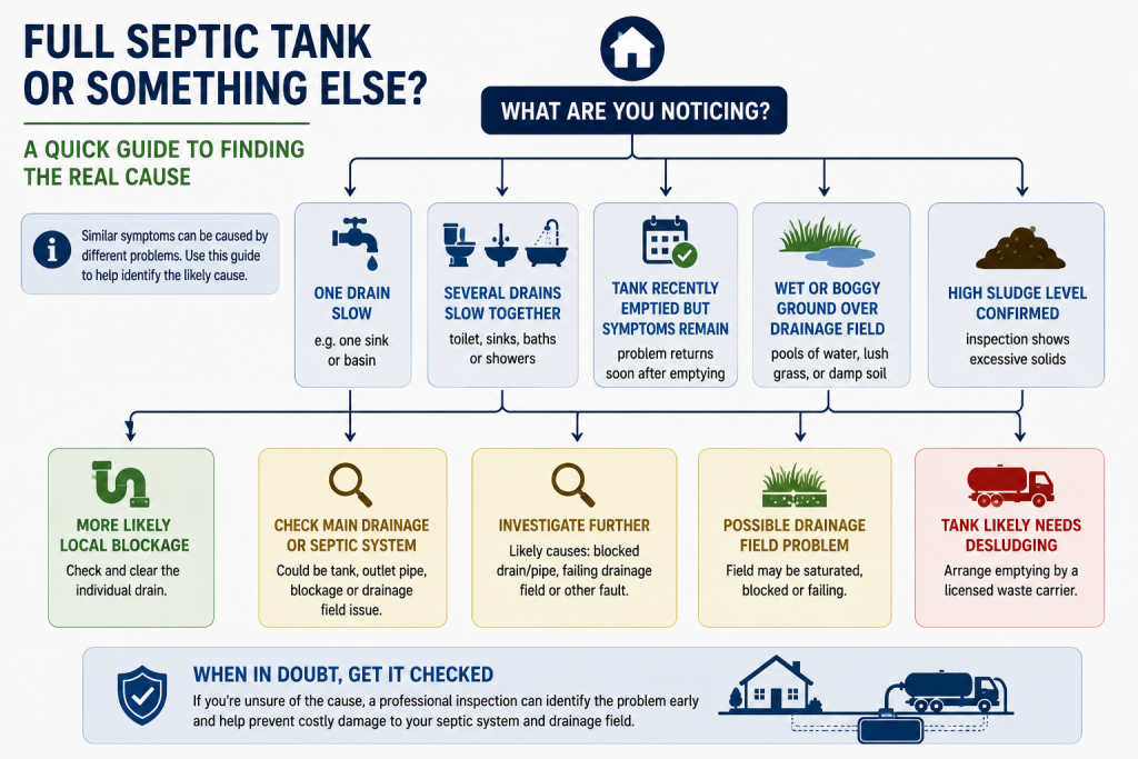 Flowchart showing how to tell whether septic problems are caused by a full tank, blocked drain or failing drainage field.