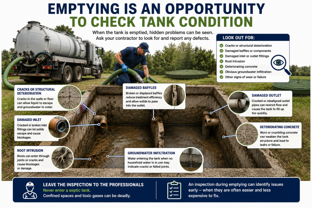 The Complete Guide to Septic Tank Maintenance 5 Septic tank being professionally emptied and inspected for cracks, damaged baffles, inlet and outlet problems, root intrusion and groundwater infiltration.