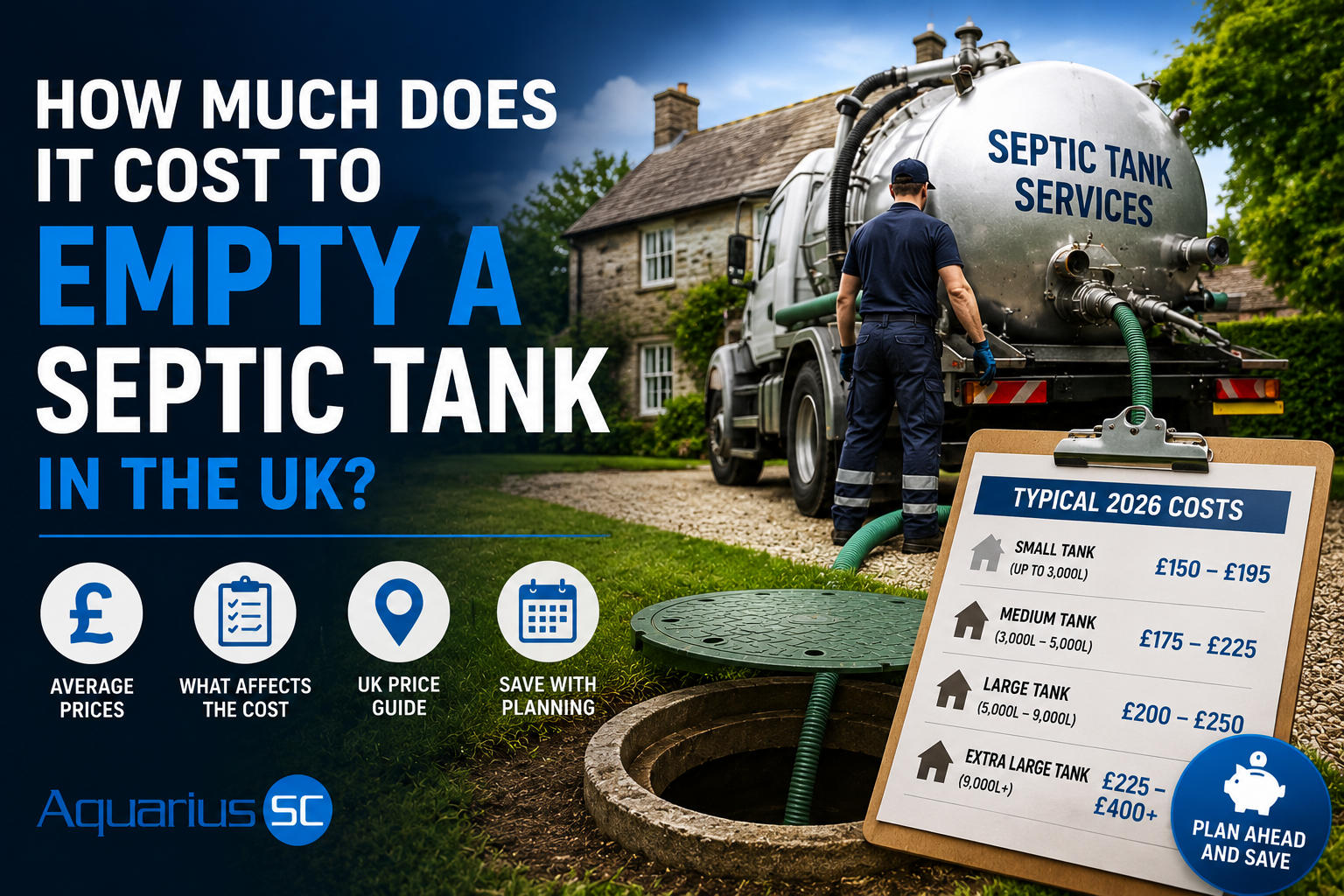 Septic tank emptying service at a UK home showing typical 2026 costs and factors that affect the price.
