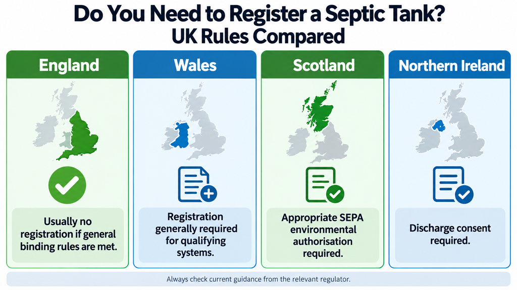 Infographic comparing septic tank registration requirements in England, Wales, Scotland and Northern Ireland.