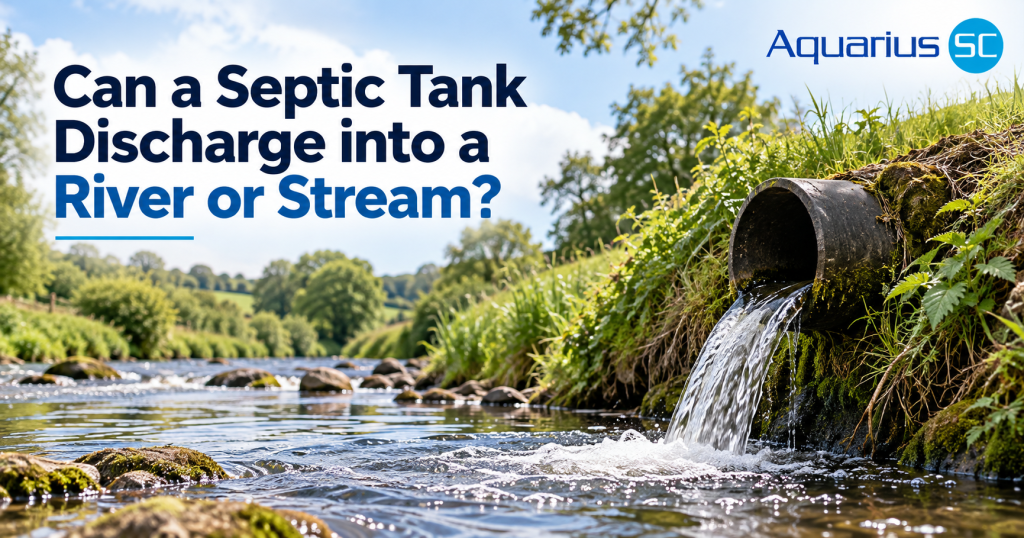 Wastewater discharge pipe flowing into a British river, illustrating UK septic tank discharge regulations and environmental requirements.