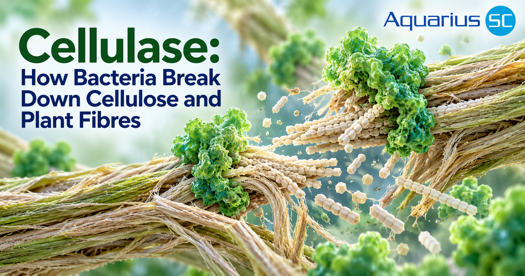 Scientific illustration showing green cellulase enzymes breaking down cellulose fibres into smaller carbohydrates, demonstrating bacterial decomposition of plant material.