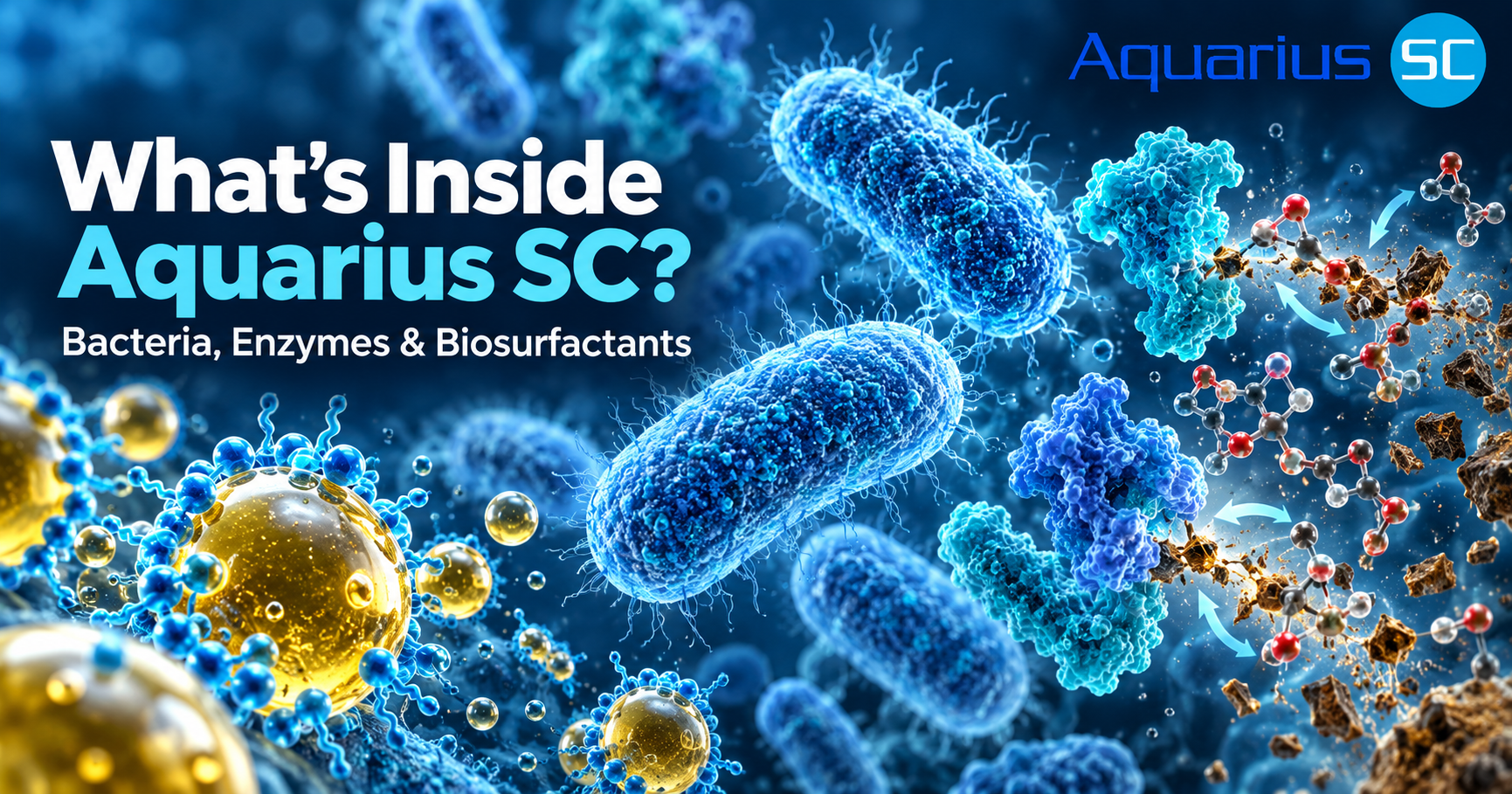 Scientific illustration of beneficial bacteria, enzymes and biosurfactants involved in organic waste breakdown, representing the biological formulation of Aquarius SC.