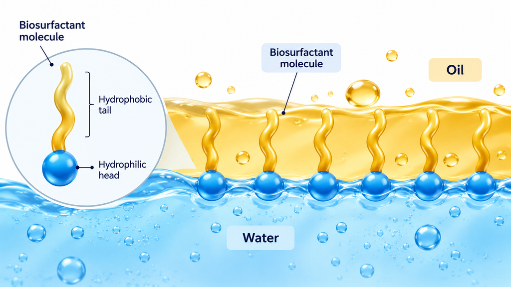 Scientific illustration showing biosurfactant molecules at the oil-water interface, with hydrophilic heads interacting with water and hydrophobic tails interacting with oil.
