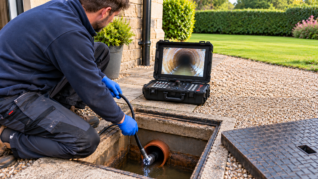 Drainage engineer using CCTV inspection equipment to examine underground wastewater pipework and identify a septic tank discharge route.