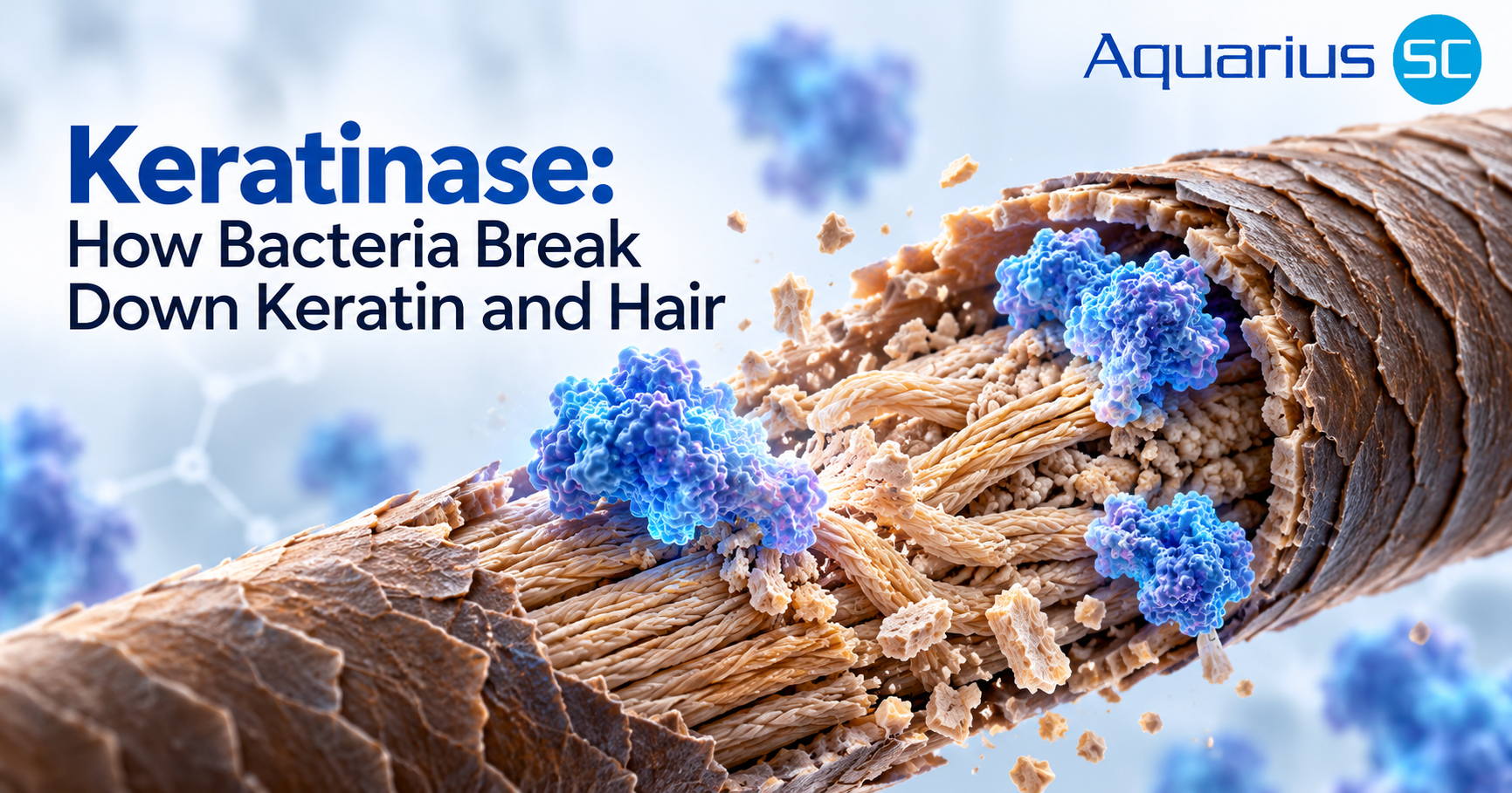 Scientific illustration showing keratinase enzymes breaking down the keratin protein structure within a human hair fibre, demonstrating microbial hair degradation.
