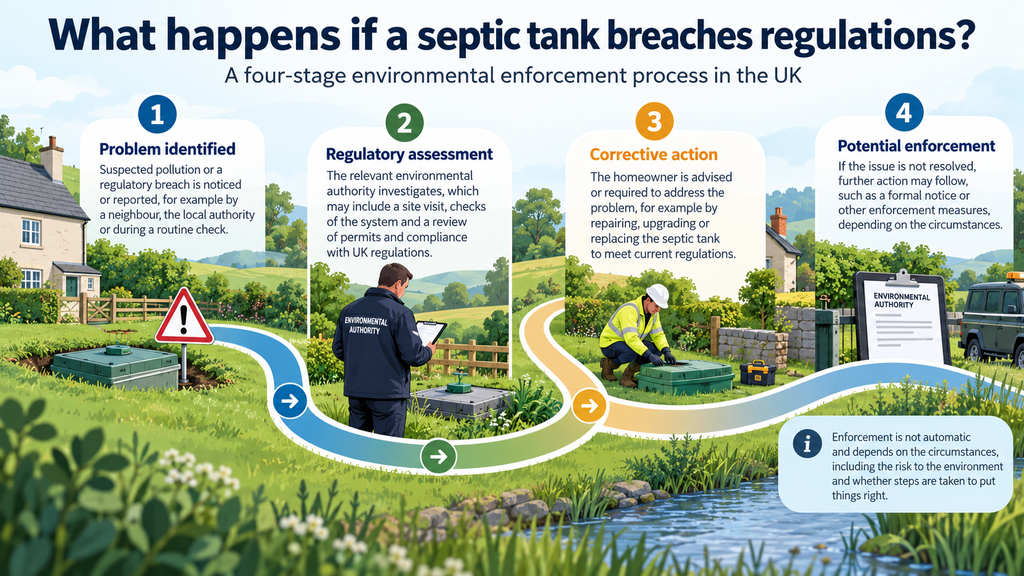 Infographic showing the four stages of septic tank regulation enforcement in the UK, from identifying a breach to investigation, corrective action and potential penalties.
