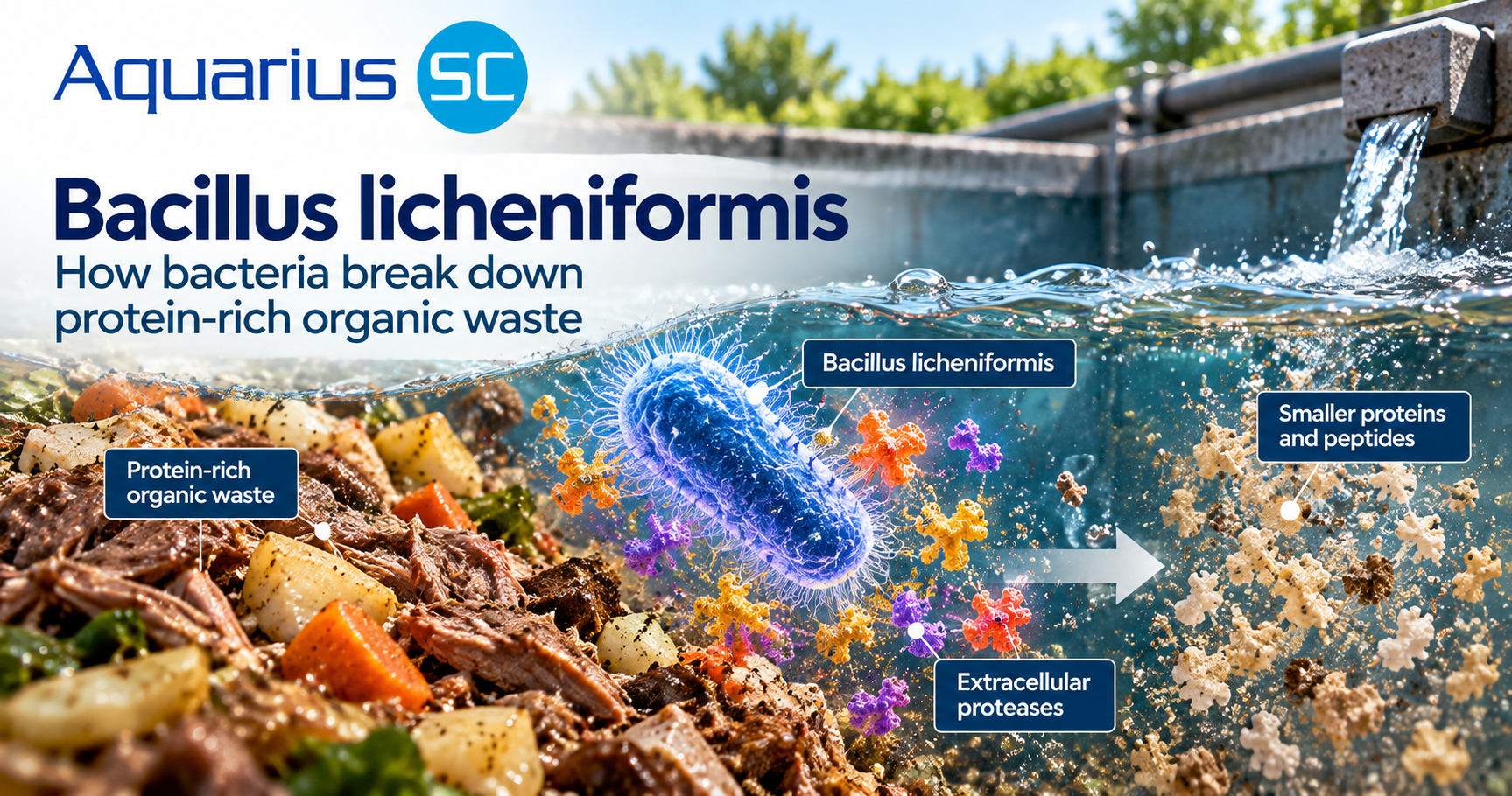 Scientific illustration of Bacillus licheniformis bacteria releasing extracellular proteases to break down protein-rich organic waste into smaller proteins and peptides in wastewater.