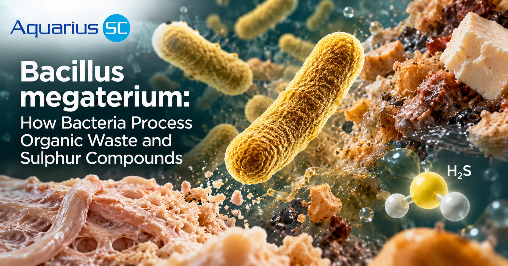 Scientific illustration of Bacillus megaterium bacteria interacting with protein-rich organic waste, alongside a hydrogen sulphide (H₂S) molecular model representing sulphur-related microbial processes.