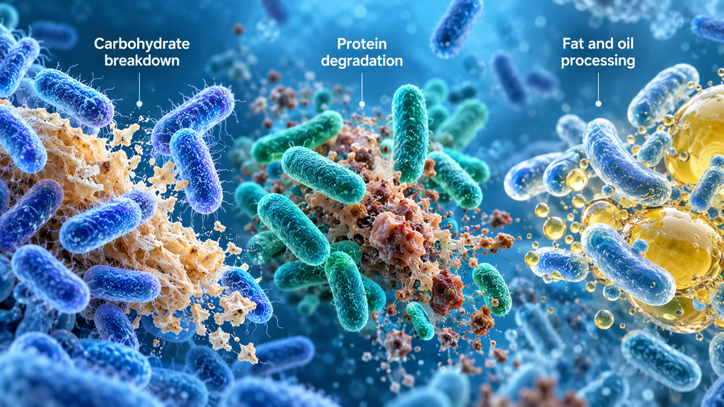 Scientific illustration showing beneficial bacterial cultures breaking down carbohydrates, proteins, fats and oils through different biological processes.