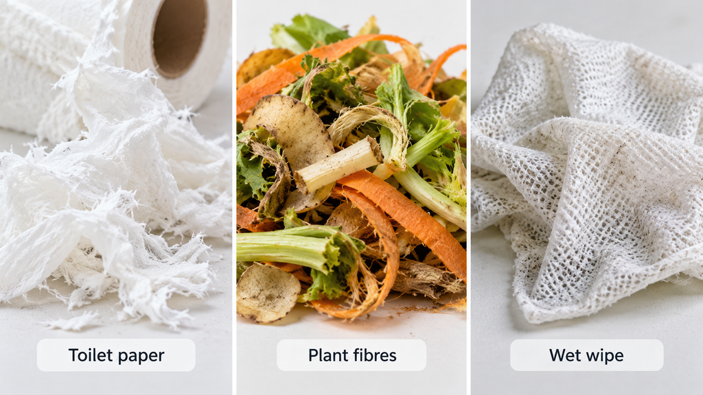 Comparison of toilet paper, plant-based food fibres and wet wipes, illustrating different fibrous materials that can enter wastewater systems and affect septic tank performance.