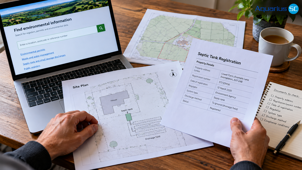 Homeowner checking septic tank registration documents, drainage plans and environmental permit information on a laptop.