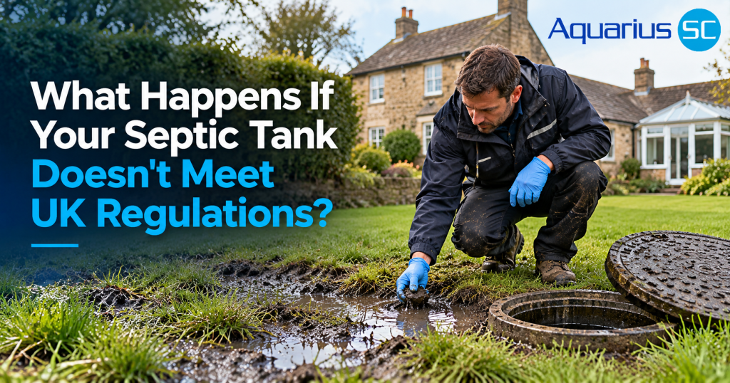 Drainage inspector examining waterlogged ground and a septic tank inspection chamber at a UK property, illustrating potential septic tank non-compliance.