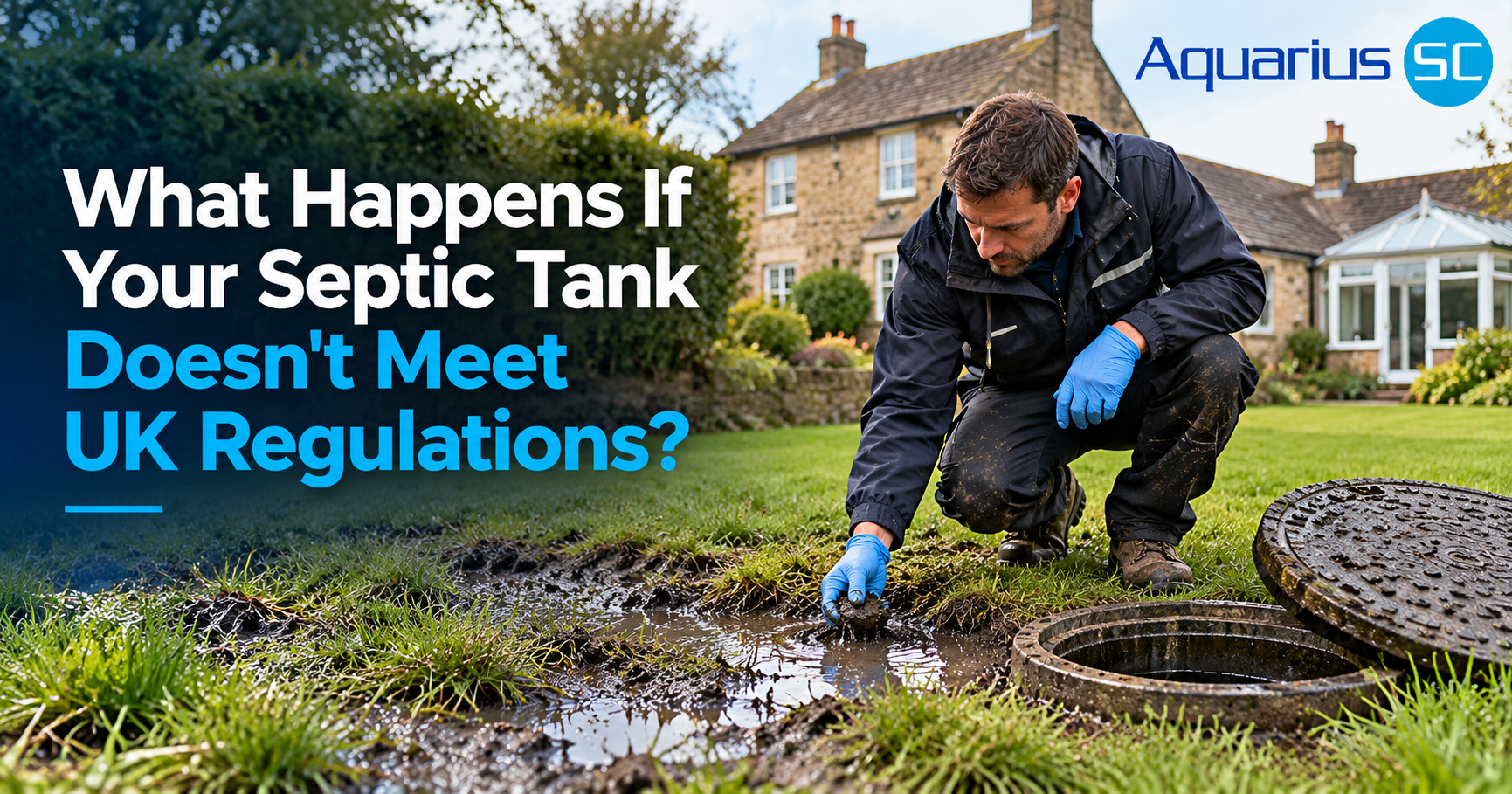 Drainage inspector examining waterlogged ground and a septic tank inspection chamber at a UK property, illustrating potential septic tank non-compliance.