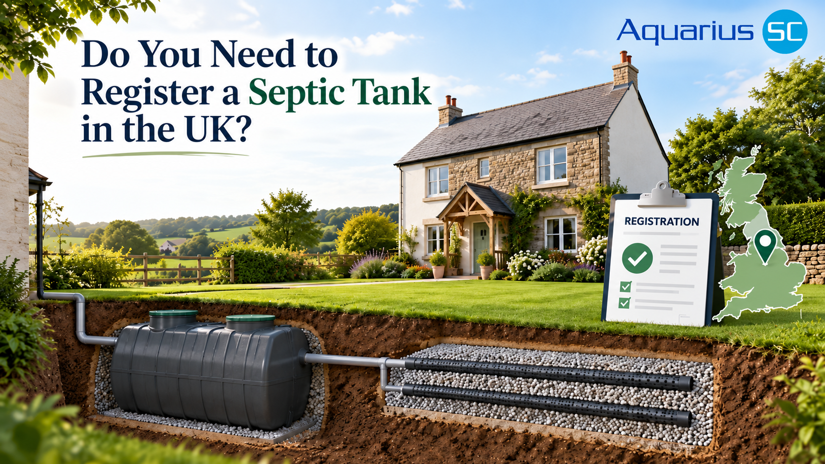Rural home with septic tank cover and registration checklist, illustrating UK septic tank registration requirements.