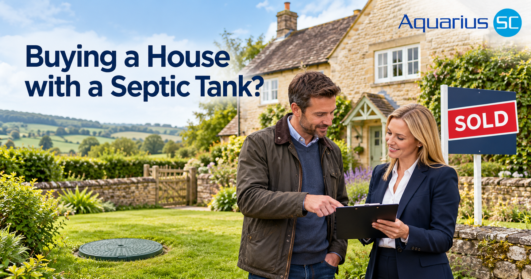 Homebuyer and estate agent reviewing property documents outside a rural UK house with a septic tank and SOLD sign.