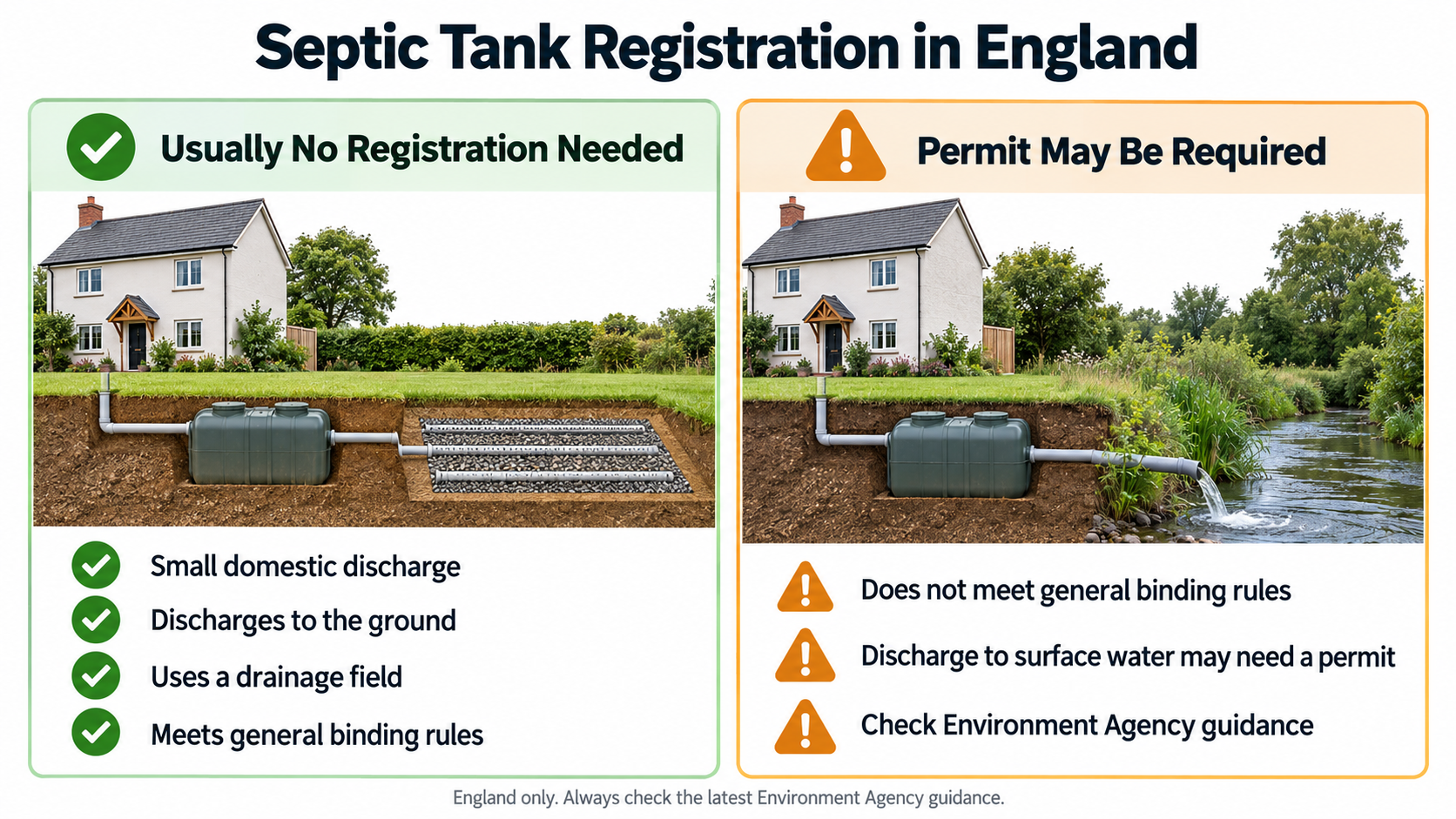 Infographic showing when septic tank registration is and is not usually needed in England.