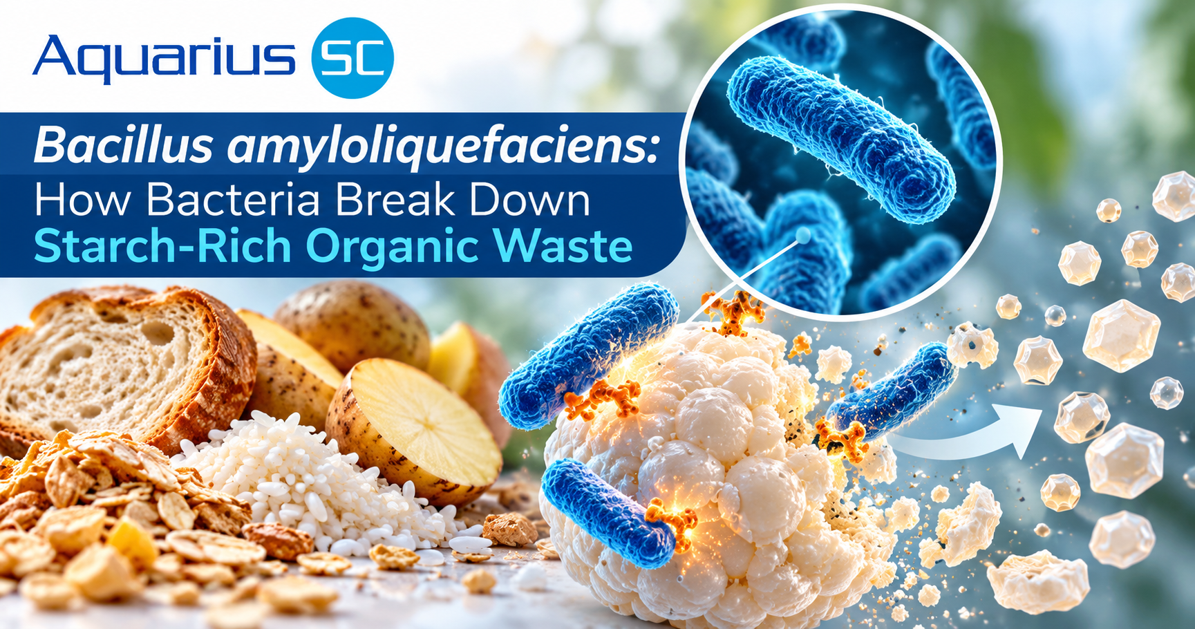 Scientific illustration of Bacillus amyloliquefaciens bacteria breaking down starch-rich organic waste, including bread, rice and potatoes, into smaller carbohydrates through enzymatic activity.
