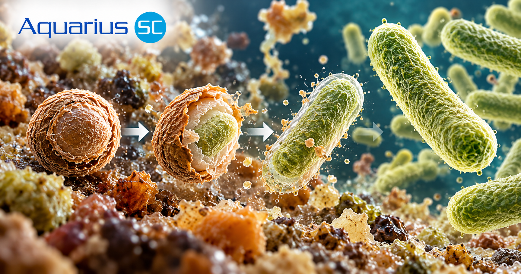 Scientific illustration showing Bacillus spores transitioning from dormancy through germination into active bacterial cells capable of contributing to organic waste decomposition.