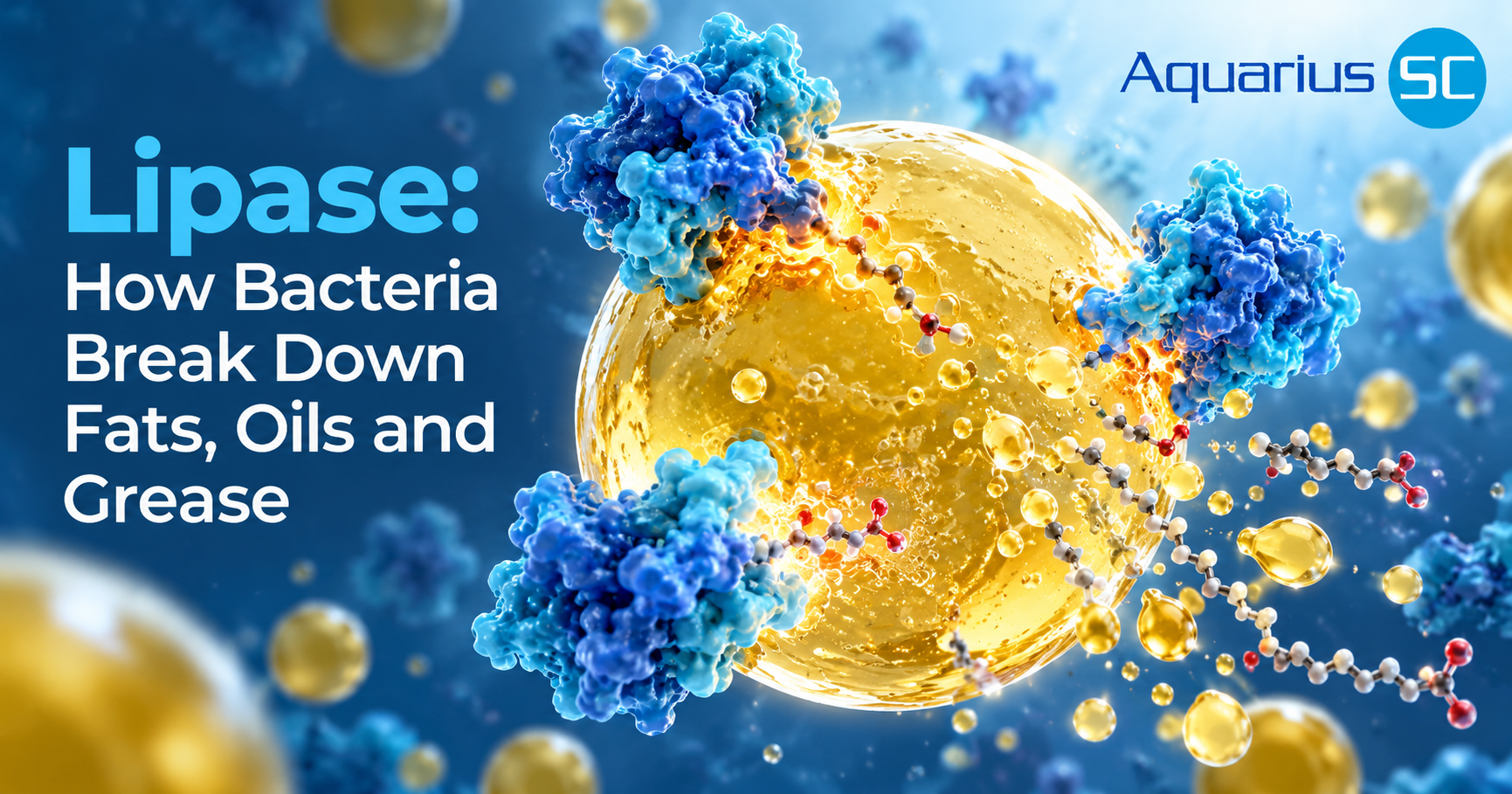 Scientific illustration of lipase enzymes breaking down a fat droplet into smaller components, showing how bacteria help process fats, oils and grease.