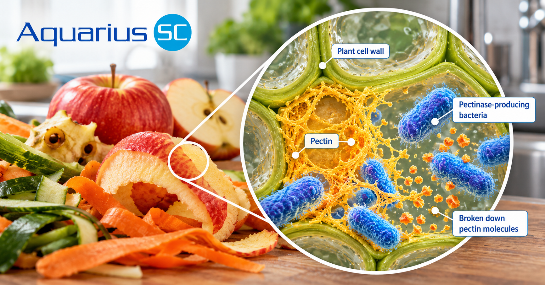Scientific illustration showing pectinase-producing bacteria breaking down pectin within fruit and vegetable plant cell walls, demonstrating biological plant waste decomposition.