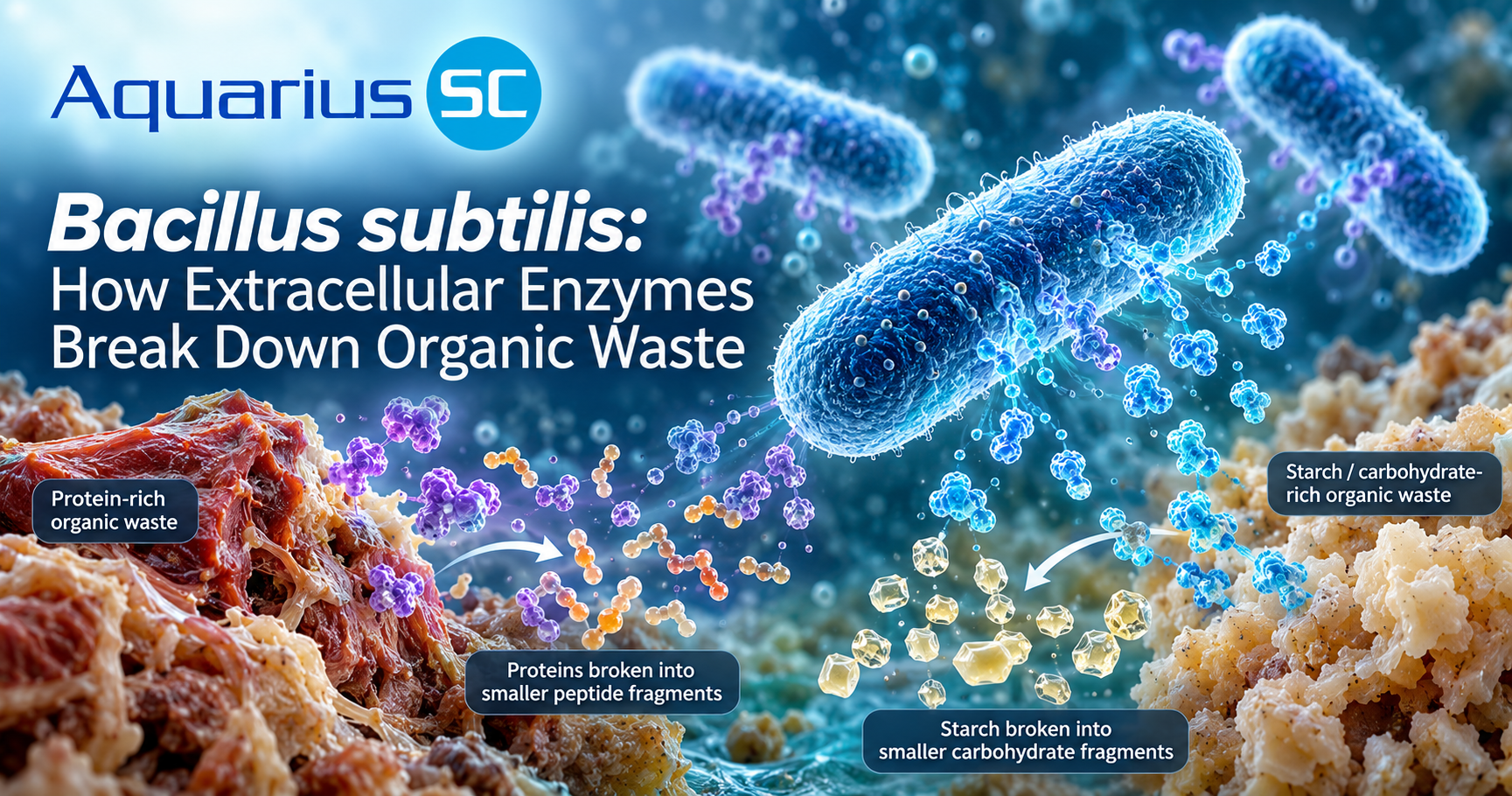Scientific illustration of Bacillus subtilis bacteria releasing extracellular enzymes that break down protein-rich and starch-based organic waste into smaller molecules.