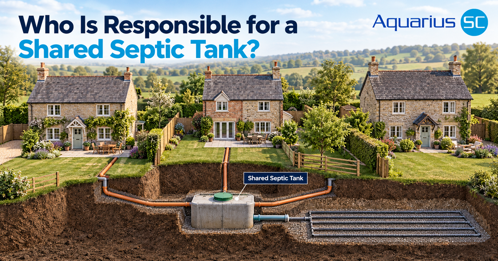 Three neighbouring UK countryside properties connected to a shared septic tank and drainage field through underground wastewater pipes.