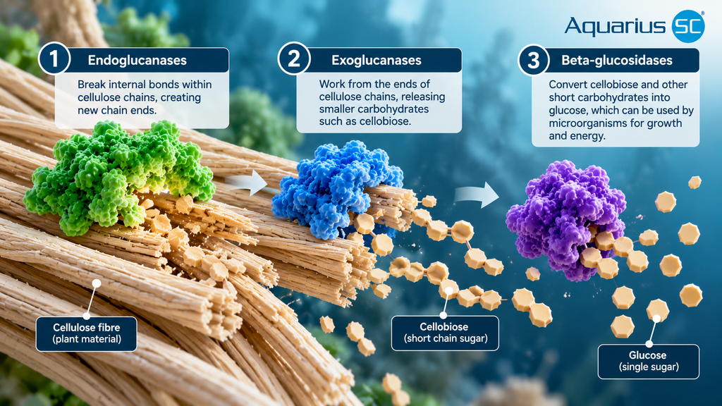 Scientific infographic showing how endoglucanases, exoglucanases and beta-glucosidases work together to break down cellulose plant fibres into cellobiose and glucose.