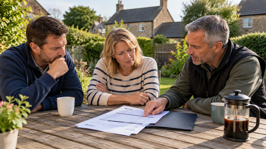 Three neighbouring homeowners reviewing shared septic tank maintenance costs and repair responsibilities around a garden table.