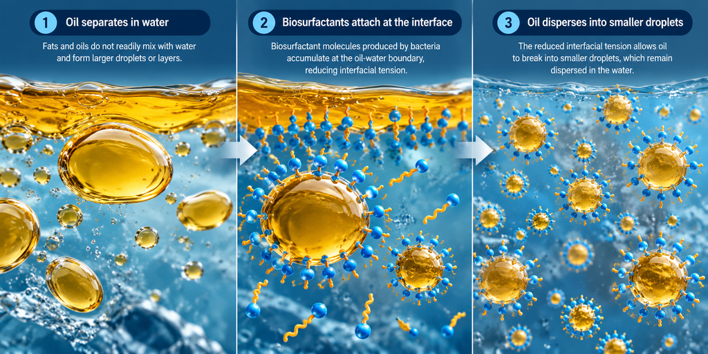 Scientific infographic showing the three stages of oil emulsification by bacterial biosurfactants, from oil separation in water to biosurfactant attachment and dispersion into smaller droplets.