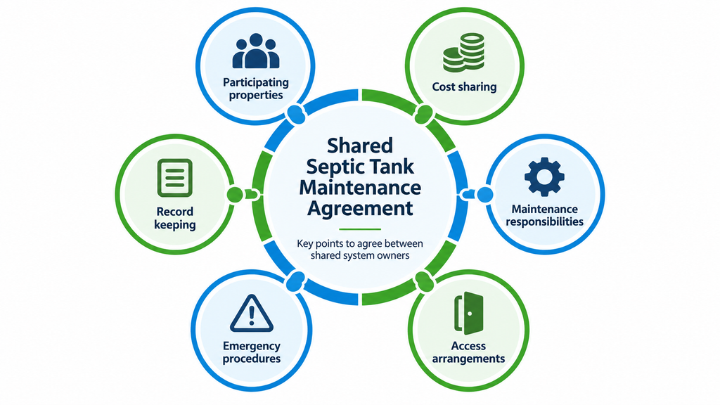 Infographic showing six key elements of a shared septic tank maintenance agreement, including cost sharing, access rights, maintenance responsibilities and record keeping.