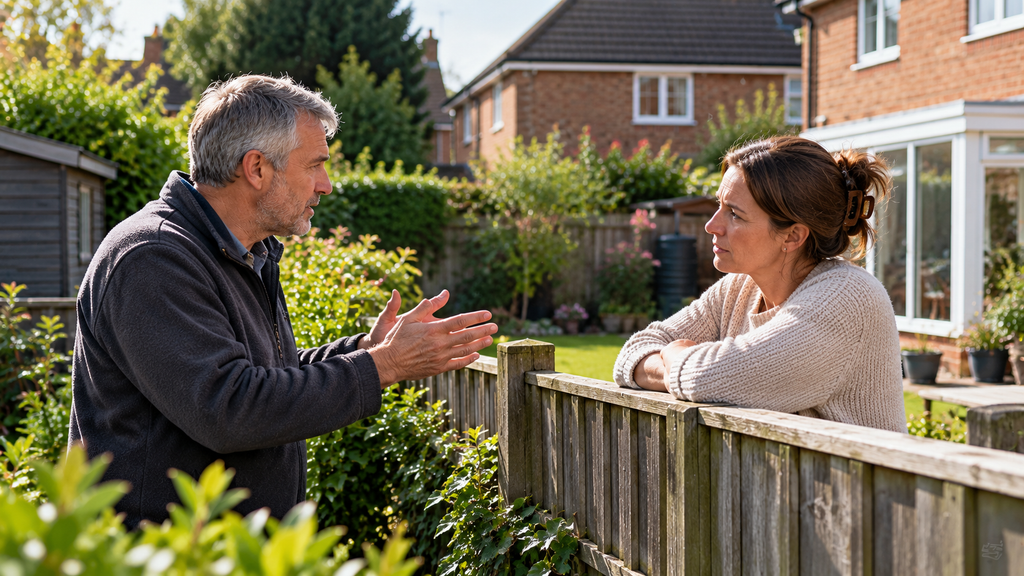 Two neighbours discussing a shared septic tank maintenance dispute over a garden fence between their properties.