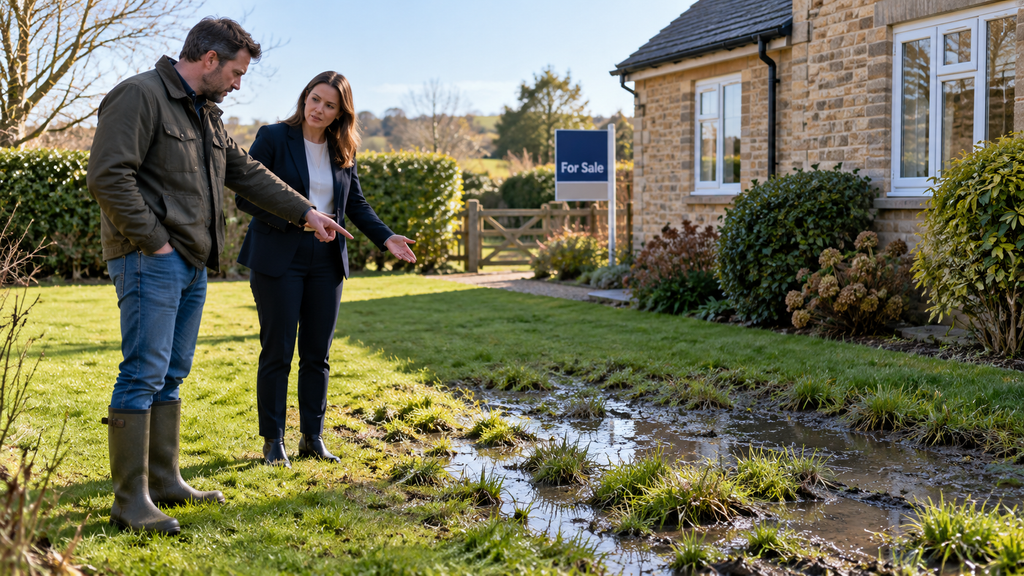 Prospective homebuyer and estate agent examining waterlogged ground in a UK property garden, highlighting potential septic tank drainage problems during a house sale.