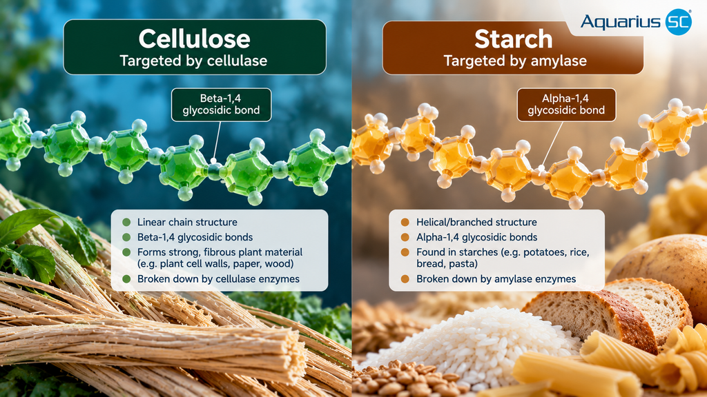 Infographic comparing cellulose and starch molecular structures, showing beta-1,4 and alpha-1,4 glycosidic bonds and how cellulase and amylase enzymes break down these carbohydrates.