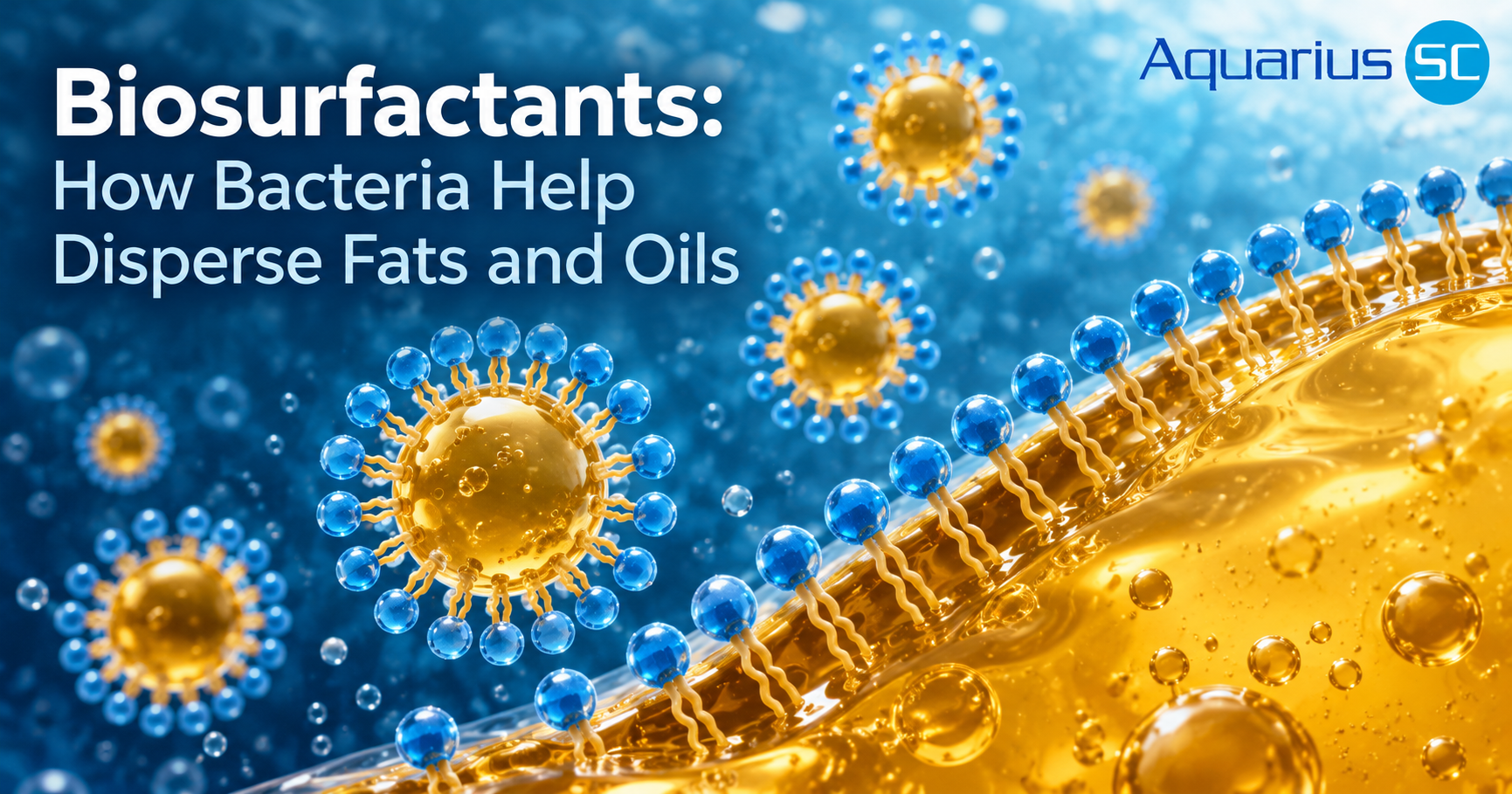 Scientific illustration showing biosurfactant molecules surrounding oil droplets in water, demonstrating how bacterial biosurfactants help disperse fats and oils.
