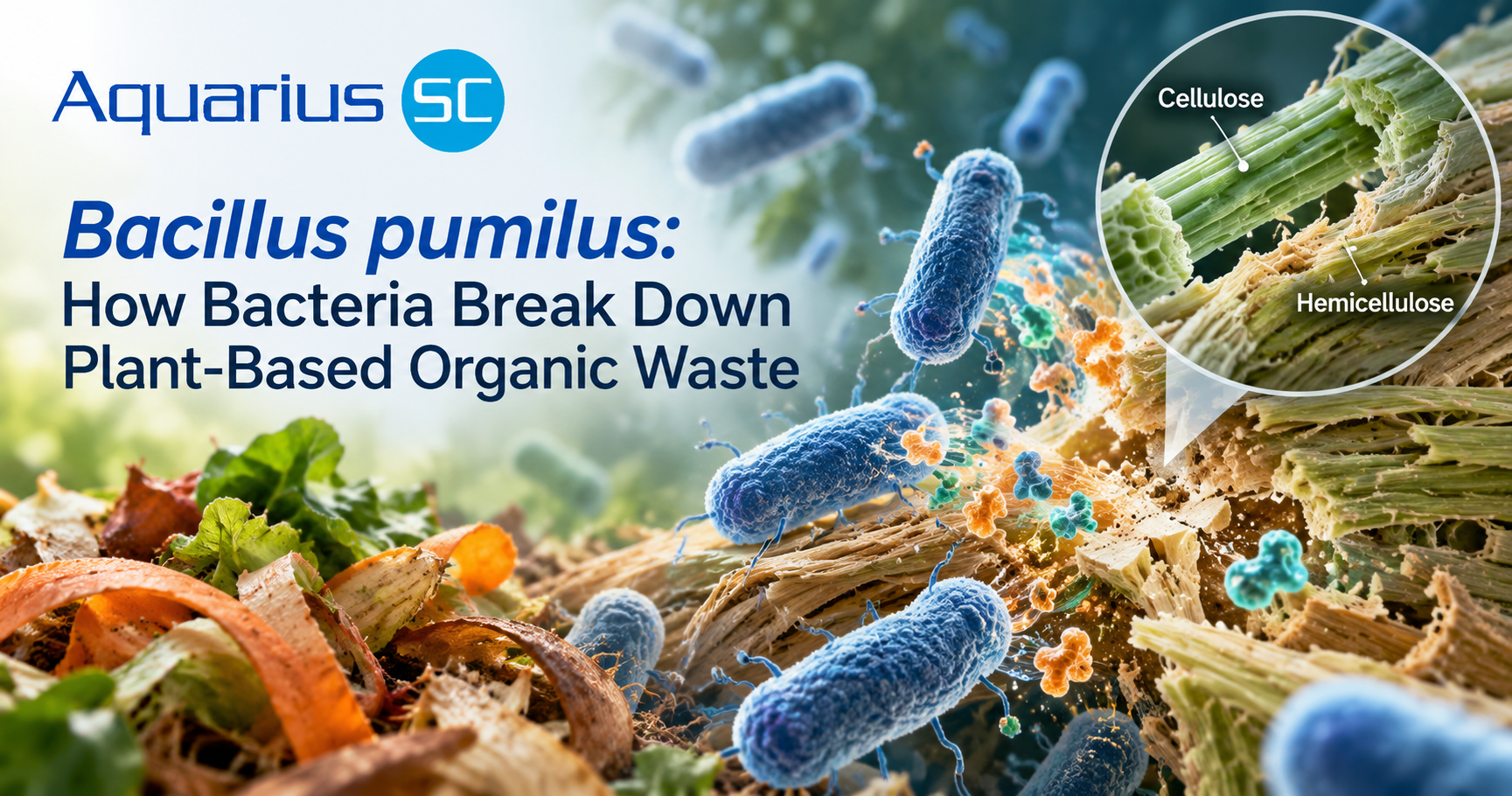 Scientific illustration of Bacillus pumilus bacteria breaking down plant-based organic waste, with visible plant fibres labelled cellulose and hemicellulose.